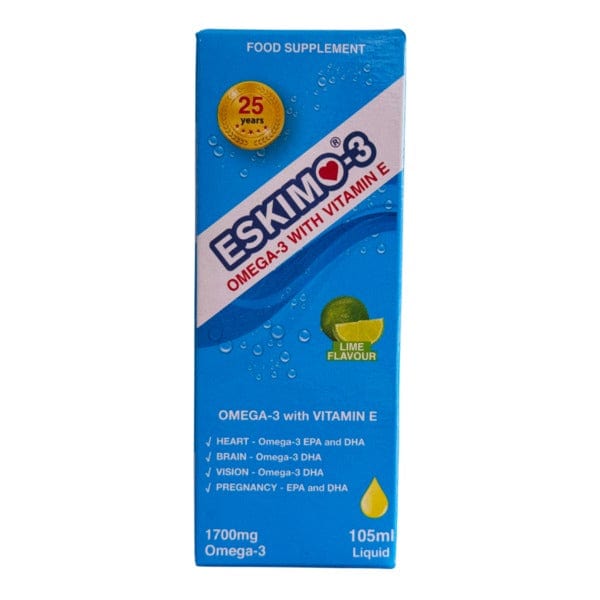 Eskimo-3 Omega-3 with Vitamin E supplement box on a white background