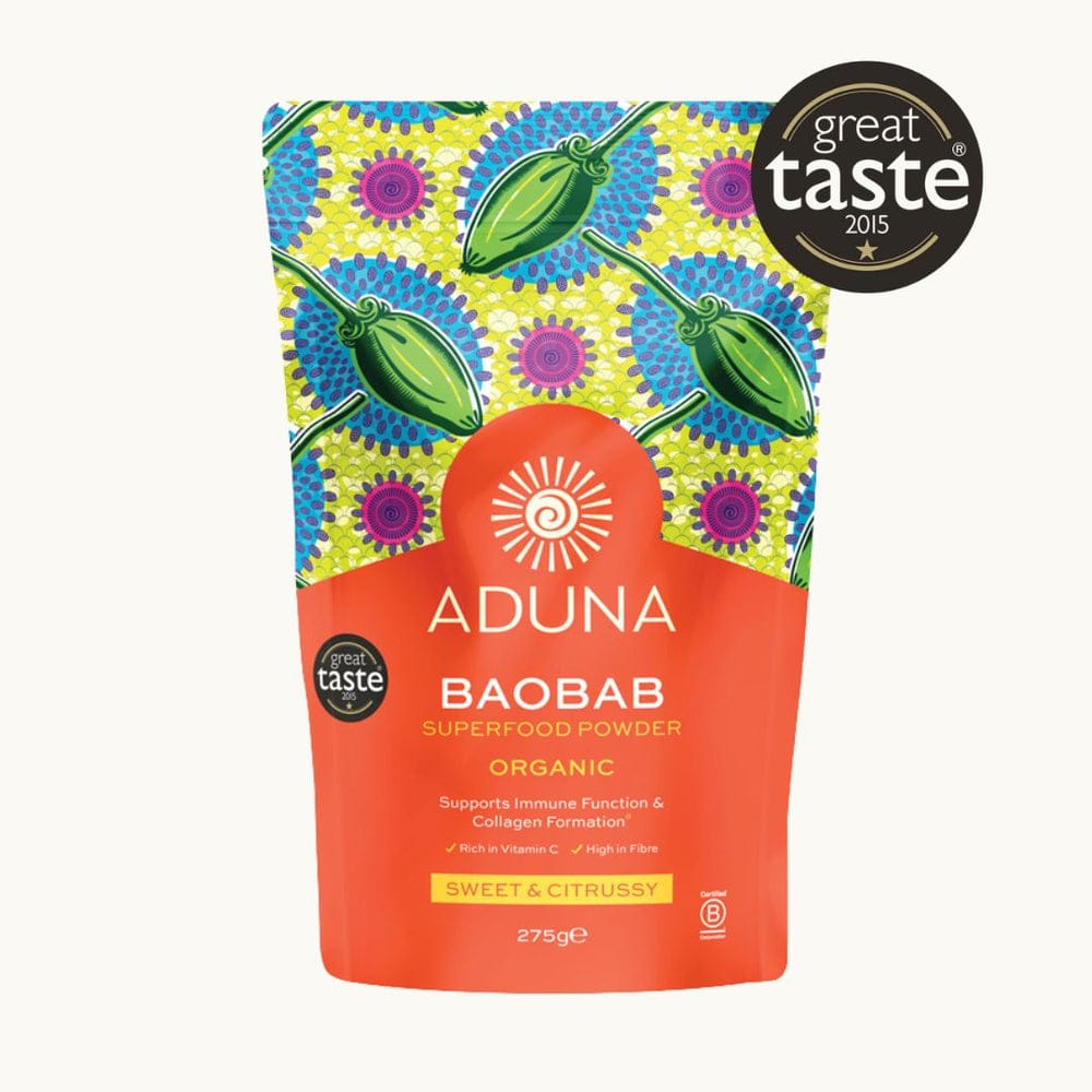 Aduna Baobab superfood powder package with colorful design and Great Taste award badge on a white background