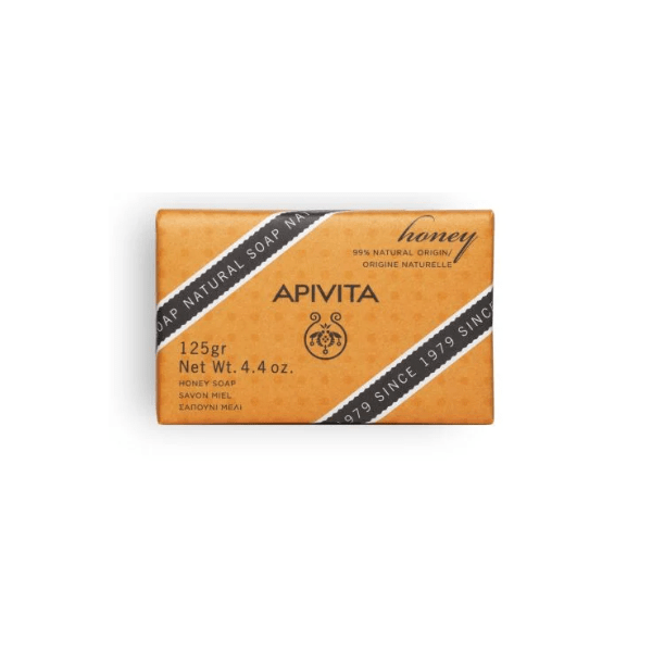 A bar of Apivita Honey Soap, 125g size, with packaging that states it is 99% natural, organic, and made in Greece since 1972.