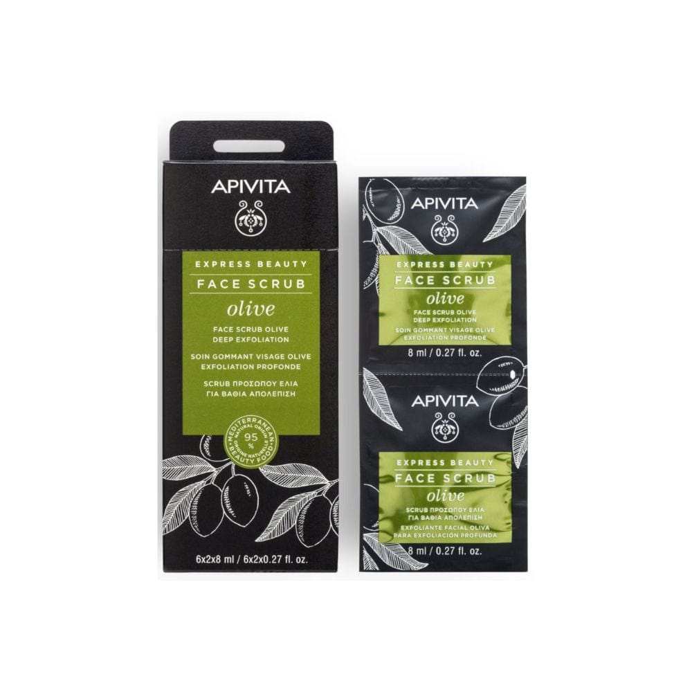 Two Apivita olive face scrub packages on a white background
