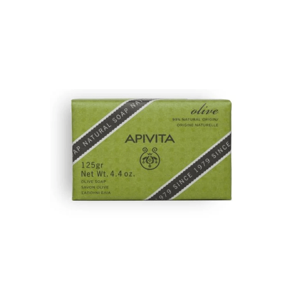 A packaged Apivita olive soap bar with green and white branding, indicating 125g weight.