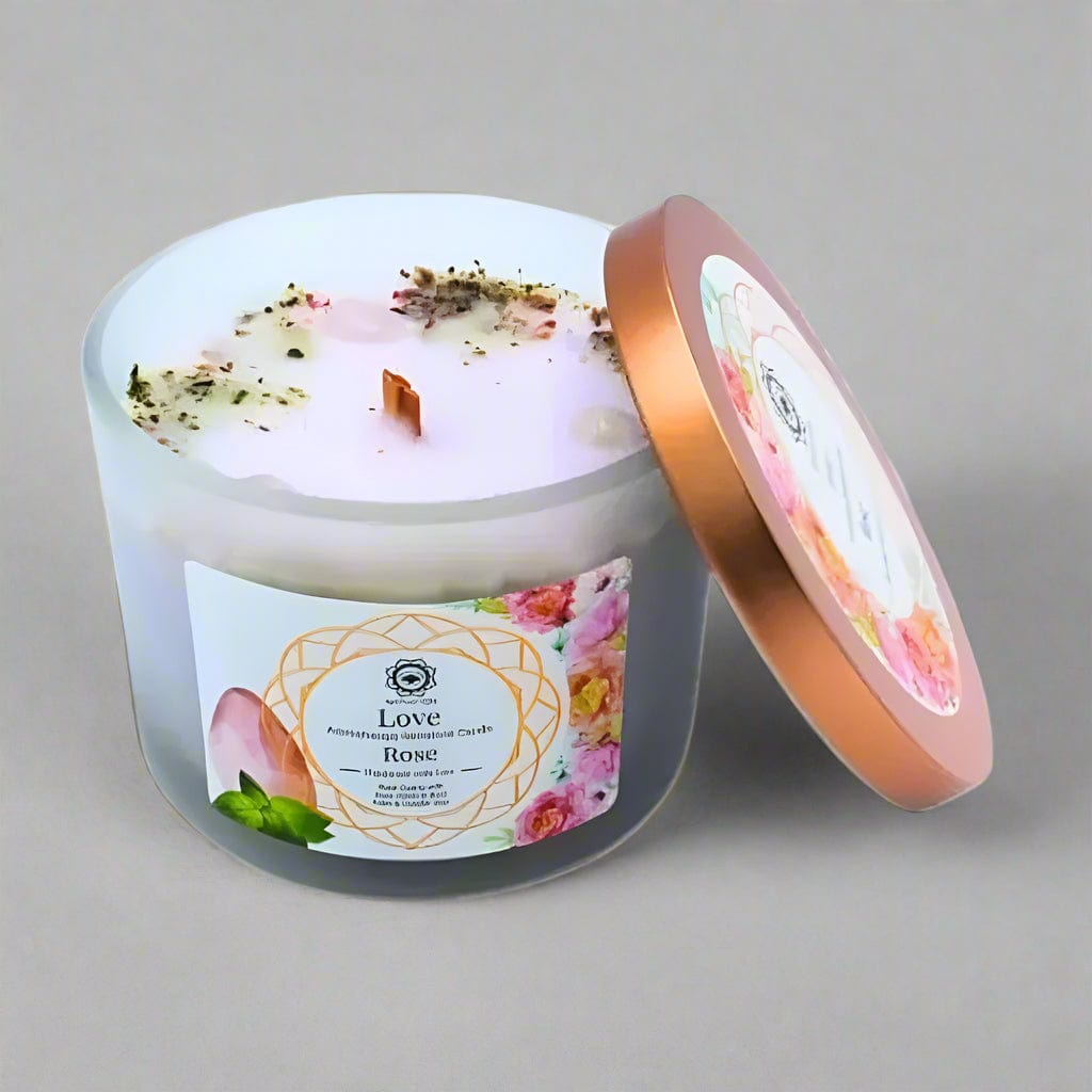 Candle in a glass jar with a decorative label on a white background