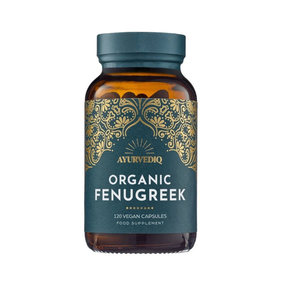 Bottle of Ayurvediq Organic Fenugreek capsules on a white background