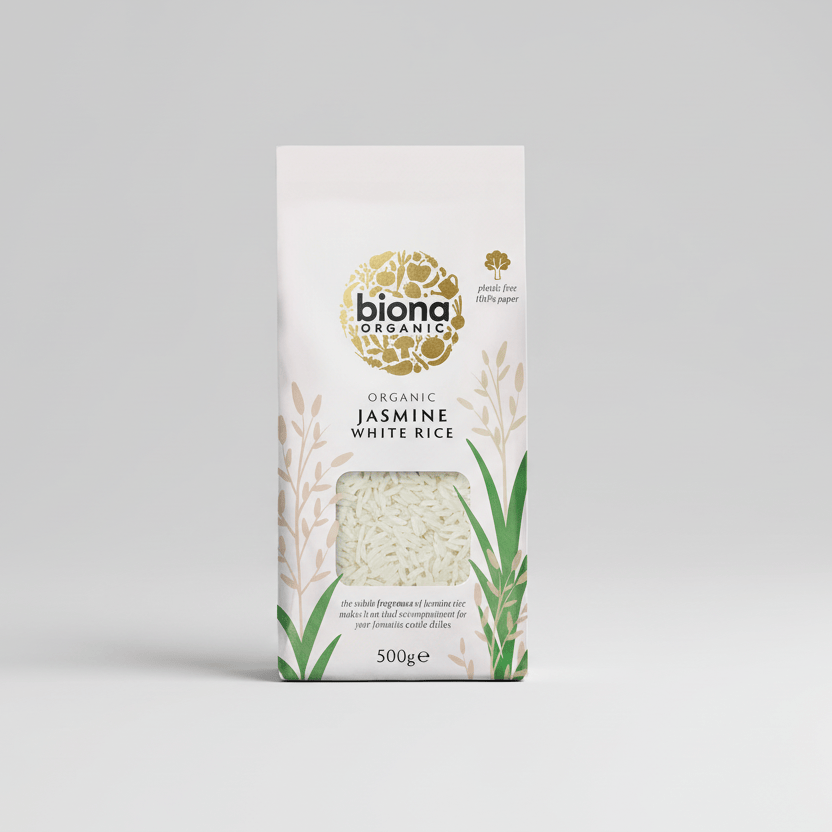 Biona Organic Jasmine White Rice packaging on a white background