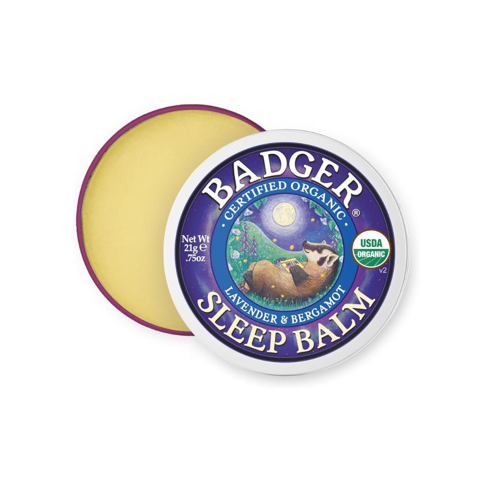 Badger Sleep Balm tin with purple lid on a white background
