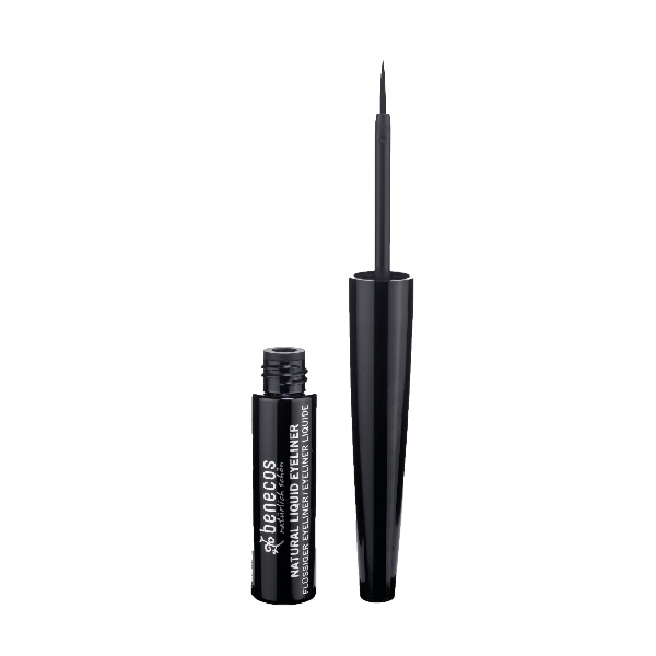 A bottle of Benecos Natural Liquid Eyeliner in Black with a fine-tip brush applicator, displayed above the product packaging.