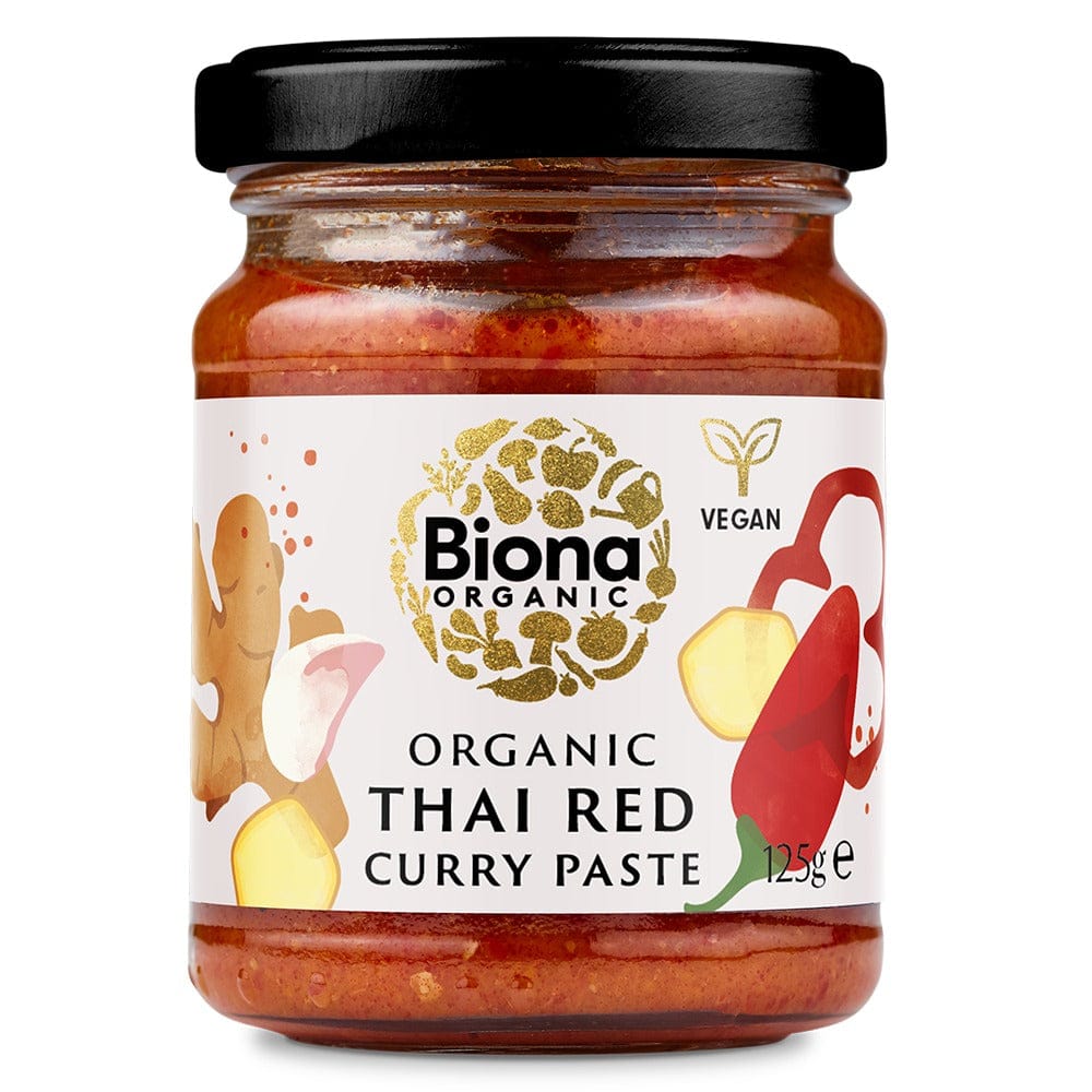 Jar of Biona Organic Thai Red Curry Paste on a white background