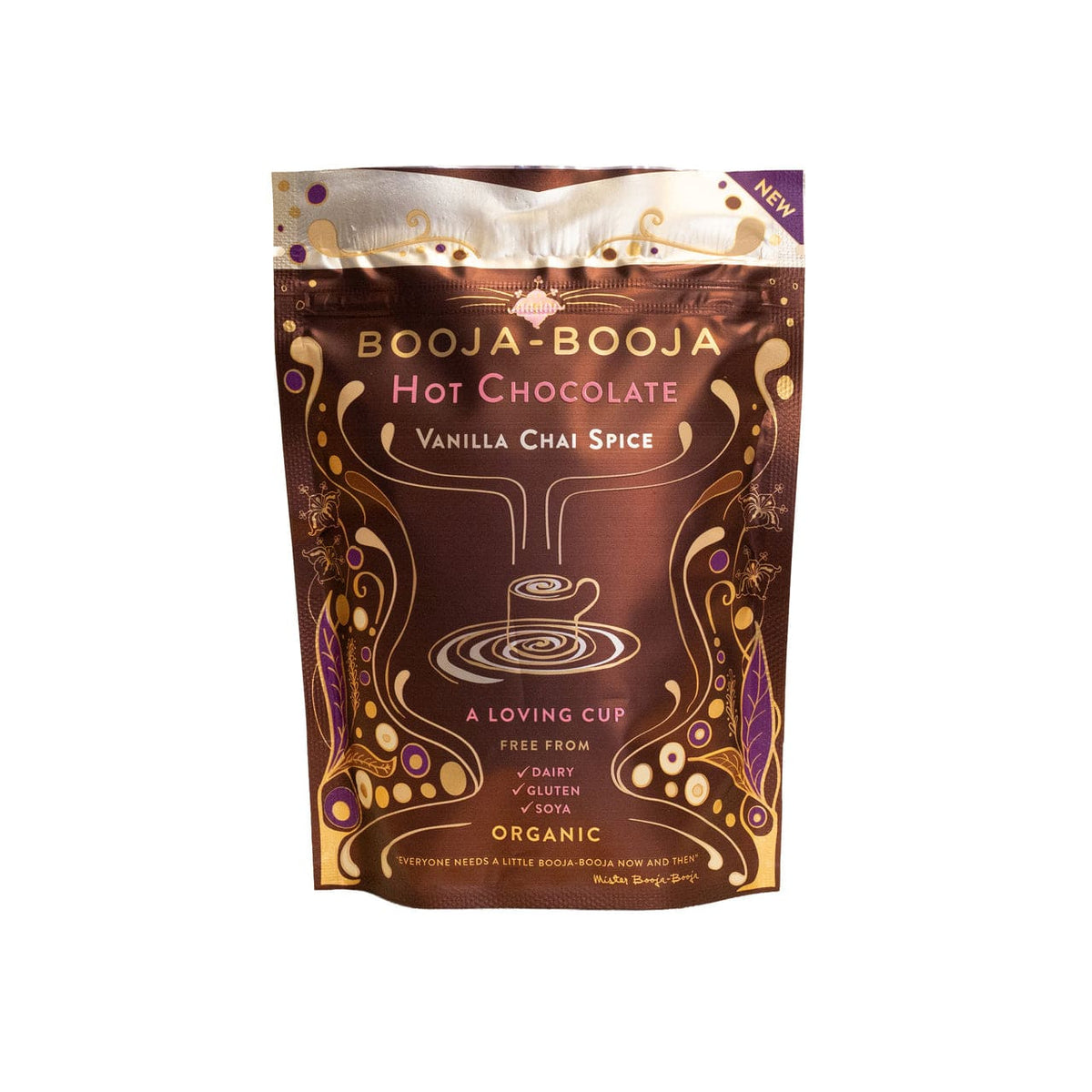 A stand-up pouch of Booja-Booja Hot Chocolate Vanilla Chai Spice on a plain white background. The packaging is dark brown with gold and purple decorative swirls and text, and a small purple 'NEW' banner is in the top right corner.