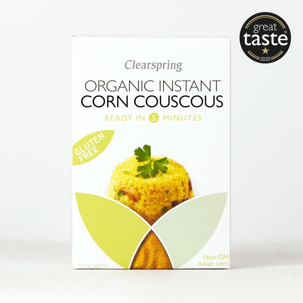 Clearspring Organic Instant Corn Couscous packaging with a Great Taste award badge on a white background