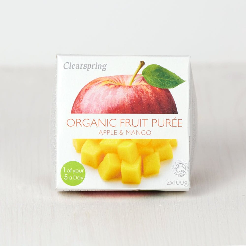 Clearspring Organic Fruit Puree packaging with an apple and mango on a white background