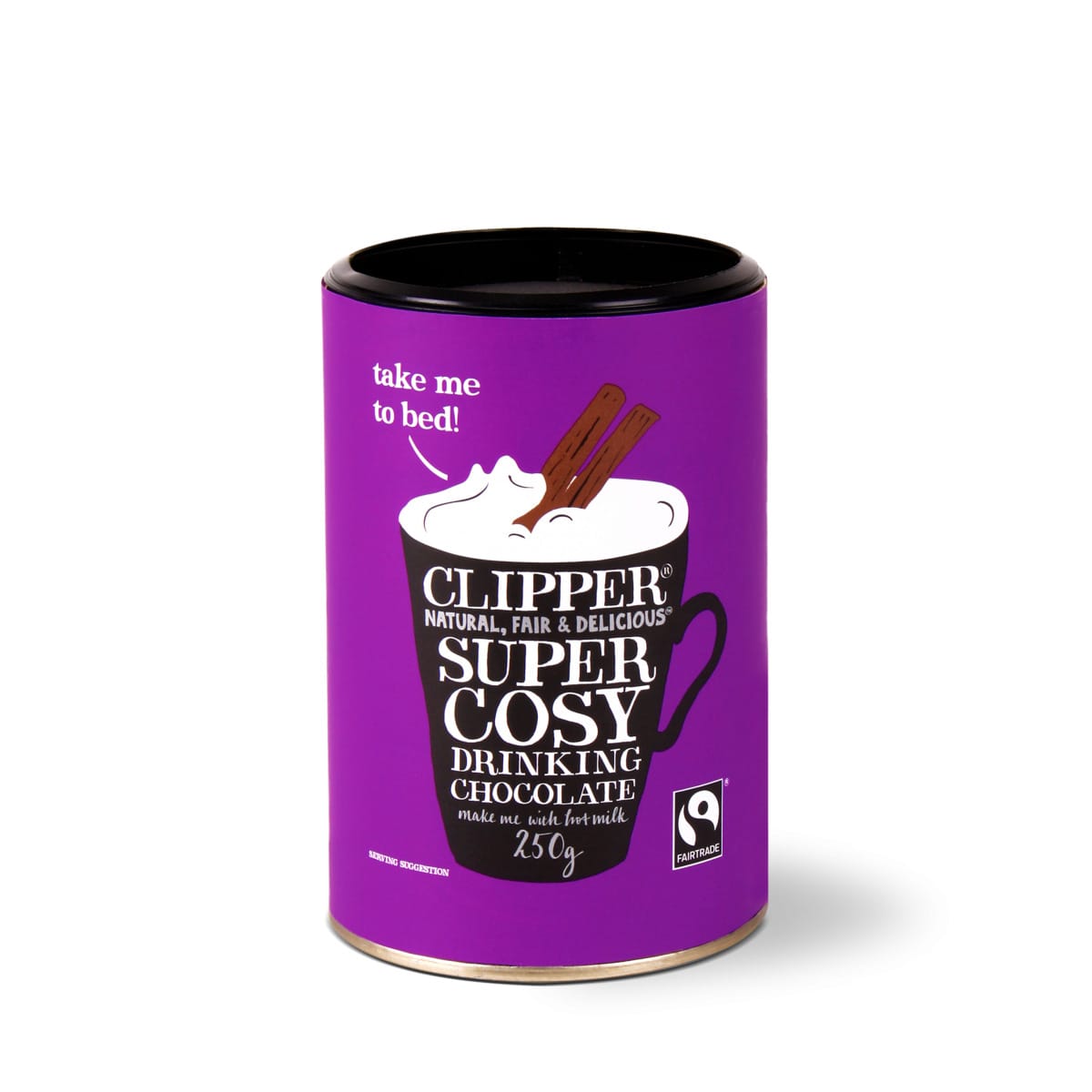 A purple canister of Clipper Super Cosy Drinking Chocolate, featuring a black lid and a graphic of a mug with whipped cream and cinnamon sticks on a white background.