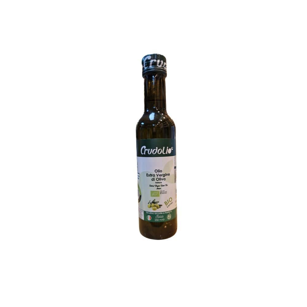 Bottle of CrudoLio olive oil on a white background