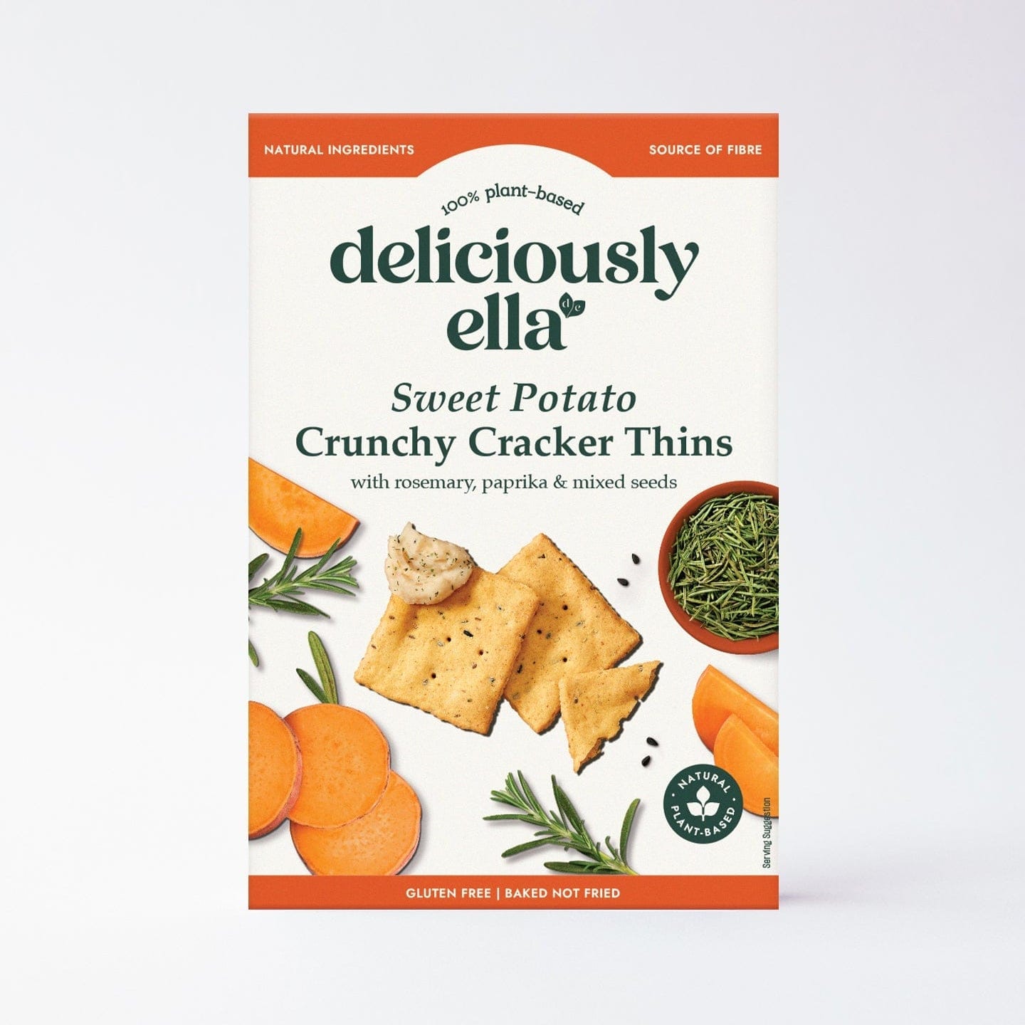 Package of deliciously ella Sweet Potato Crunchy Cracker Thins on a white background