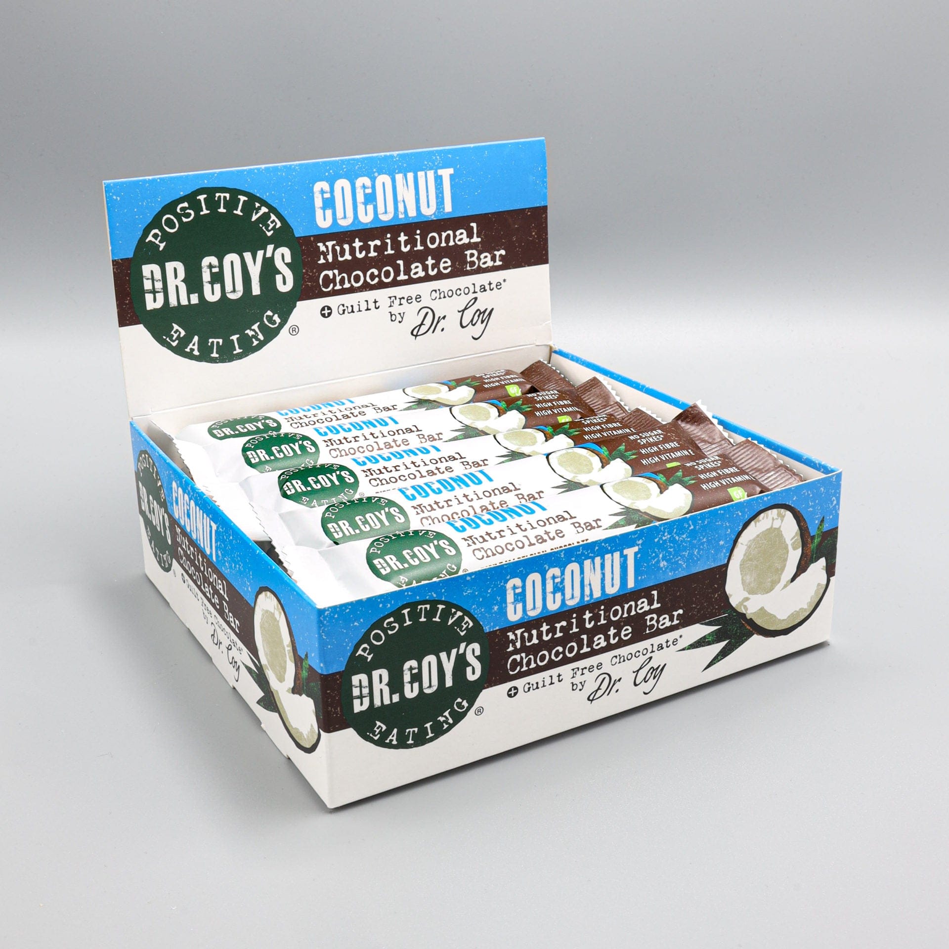 Box of Dr. Coy's Coconut Nutritional Chocolate Bars on a gray background