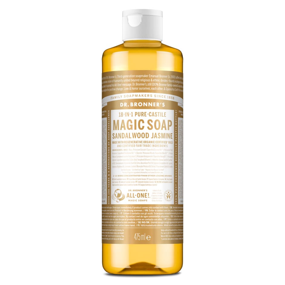 Dr. Bronner's Magic Soap bottle with sandalwood jasmine scent on a white background
