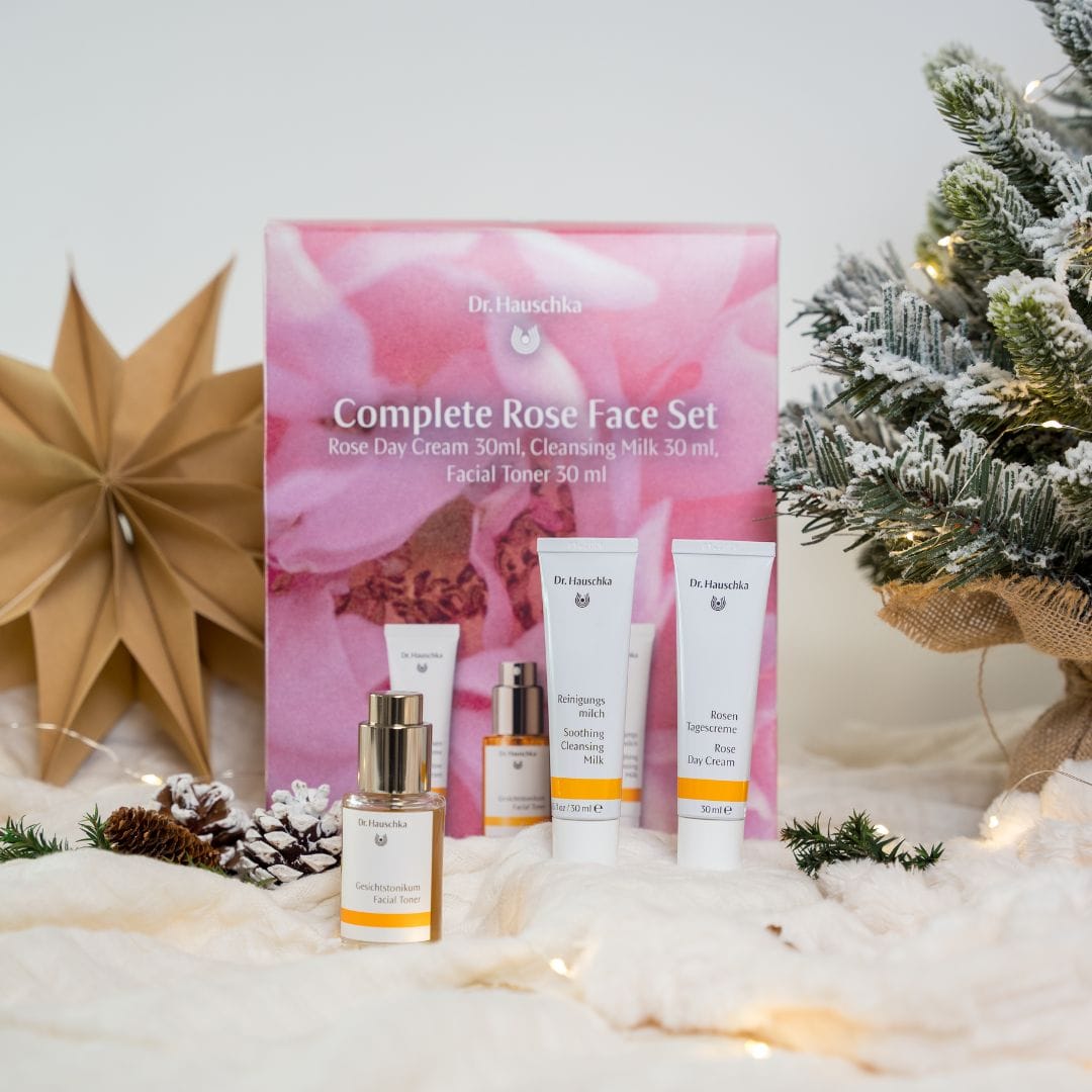 Dr. Hauschka Complete Rose Face Set with decorative elements on a white background