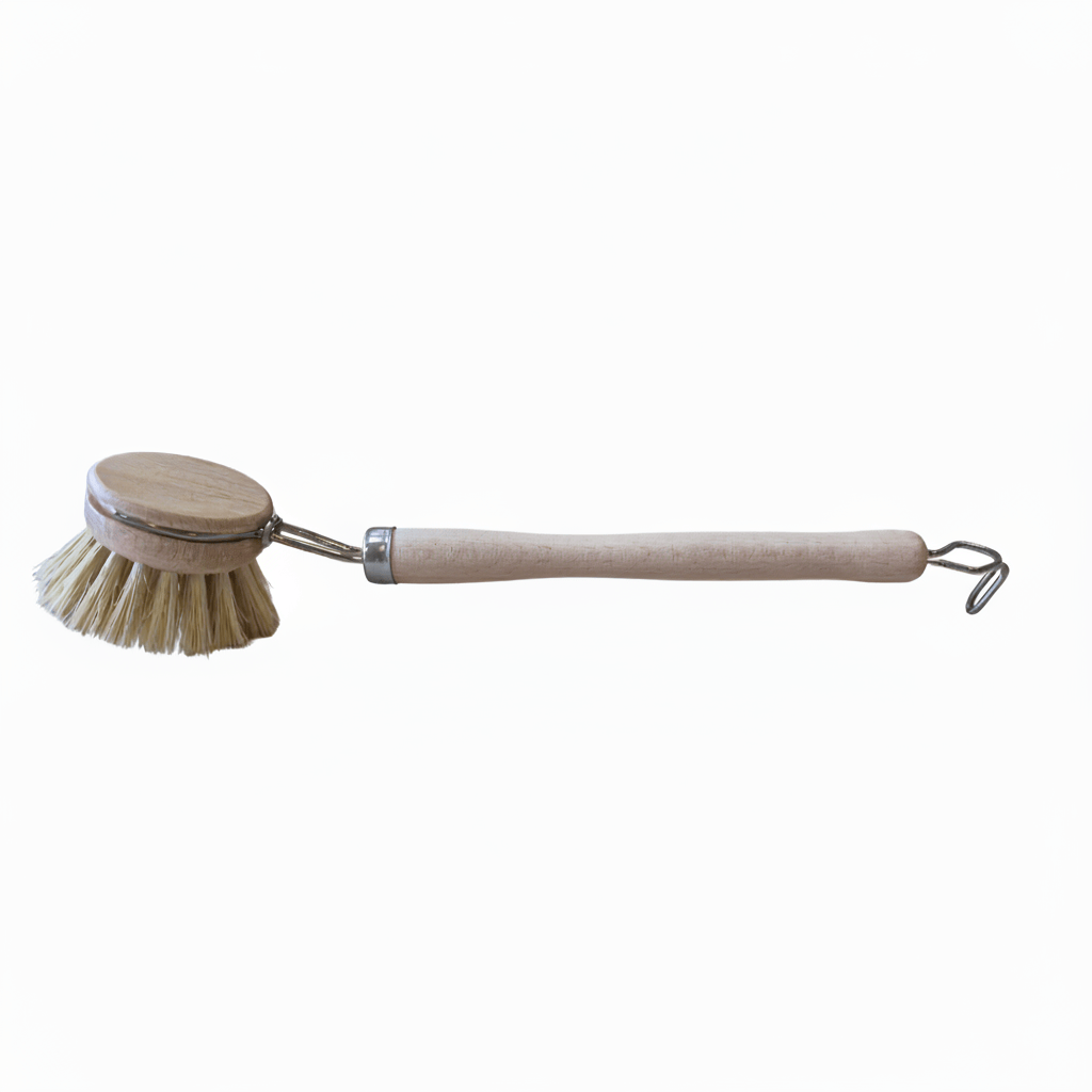 A wooden-handled cleaning brush with a round natural wood head, beige bristles, and a metal loop at the end of the handle, shown on a plain white background.