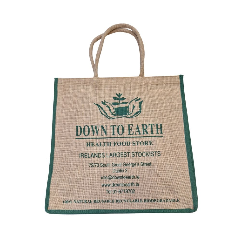 Eco Jute Tote bag with 'Down to Earth' branding on a white background