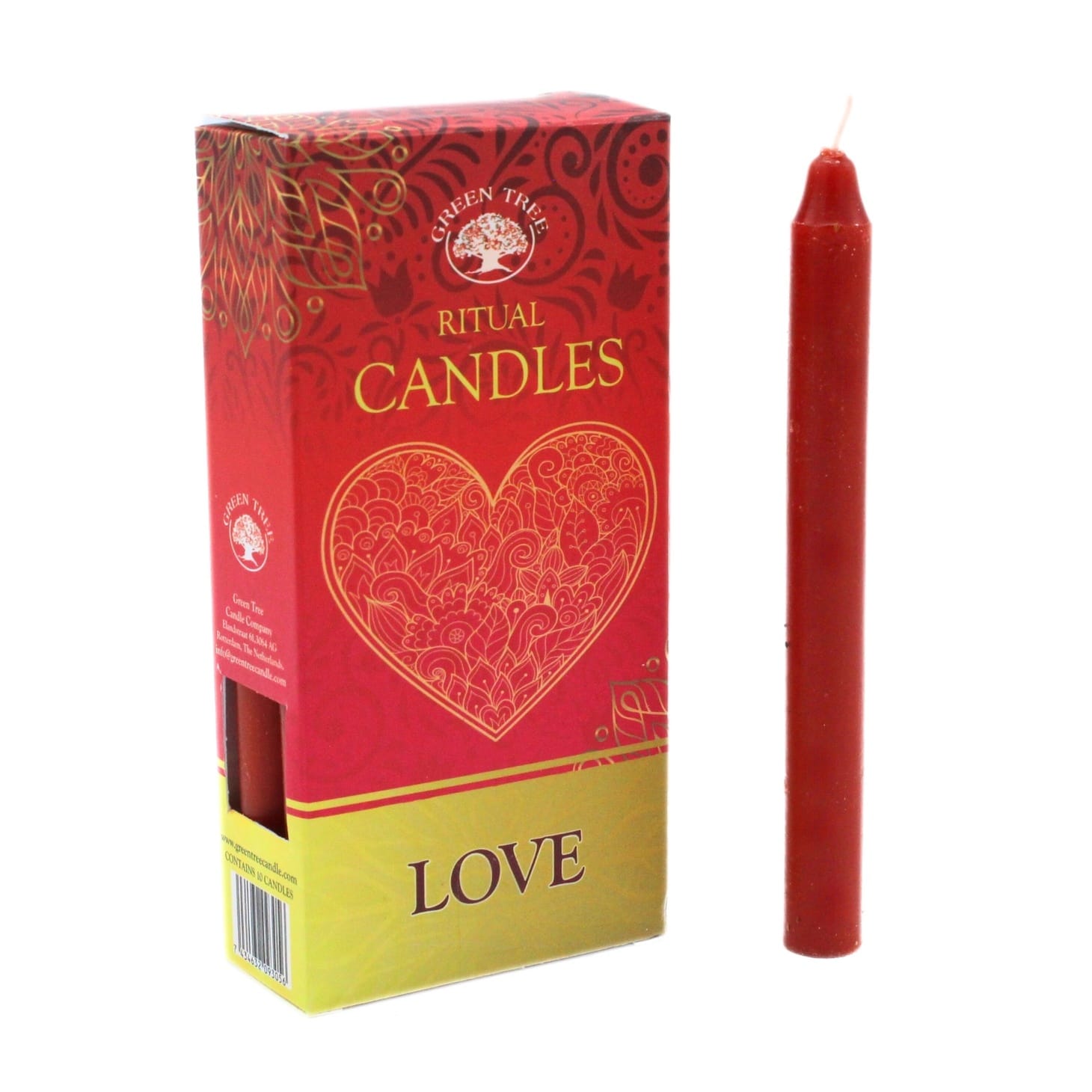 A red wax candle standing next to its red and gold packaging box, which features a heart design and the text 'RITUAL CANDLES' and 'LOVE'.