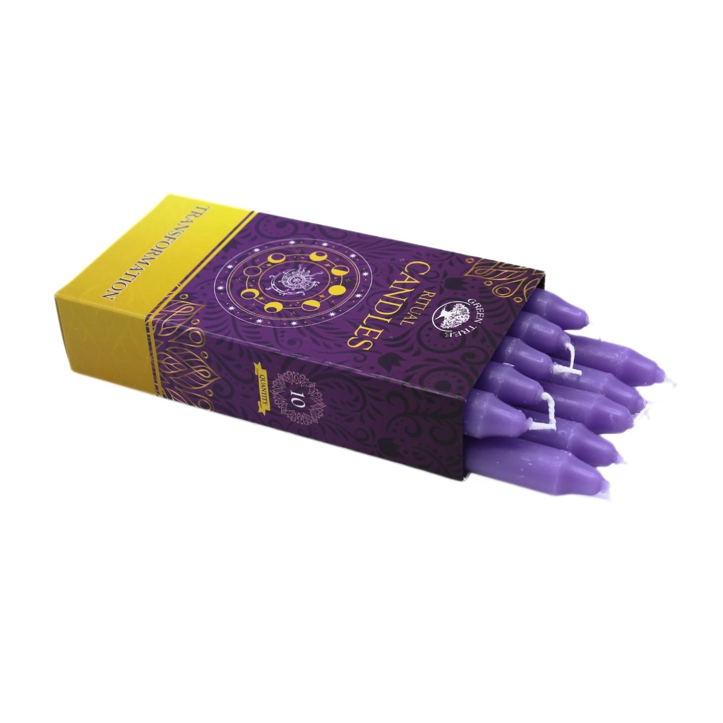 Purple wax taper candles in a decorative purple and yellow box, with several candles pulled out of the front on a white background.