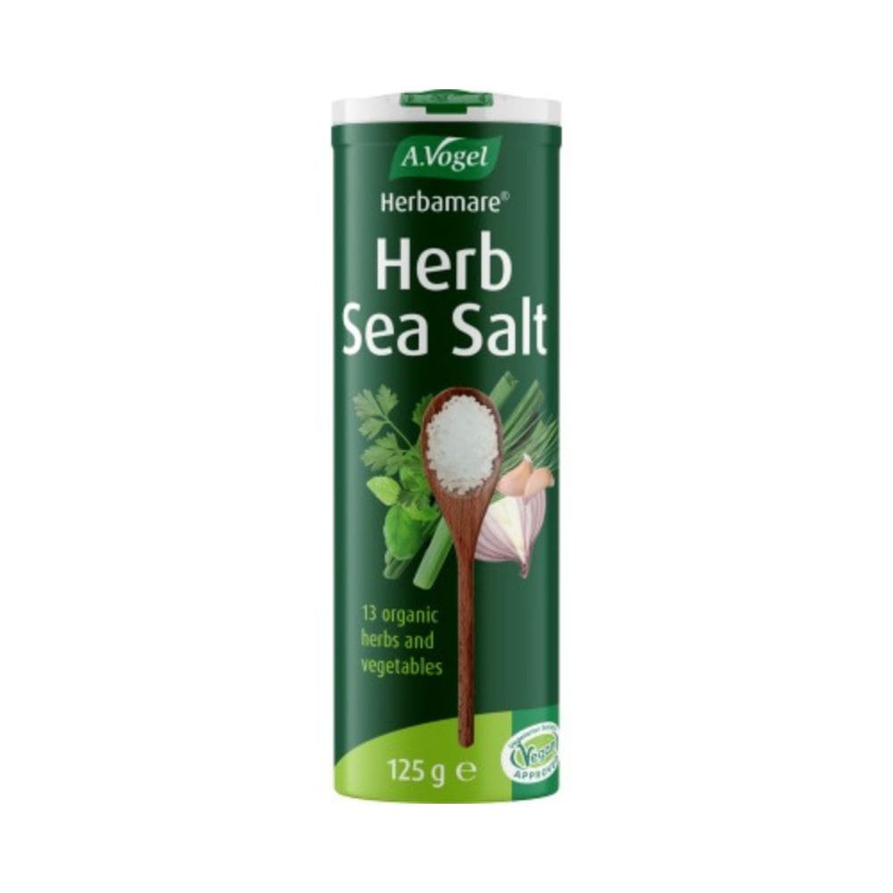 A bottle of Herb Sea Salt by A.Vogel on a white background