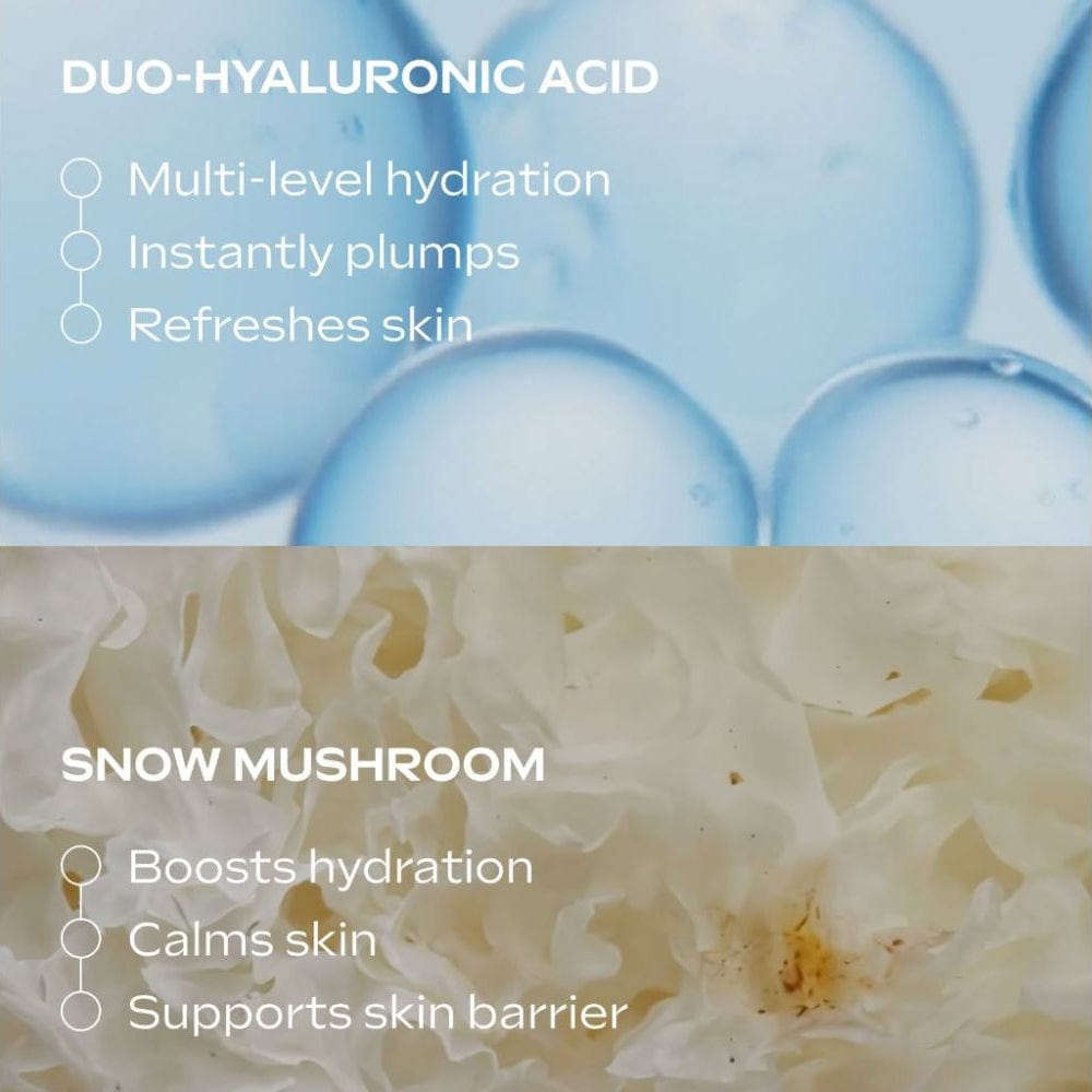 Product packaging with text about Duo-Hyaluronic Acid and Snow Mushroom benefits on a blue and beige background.