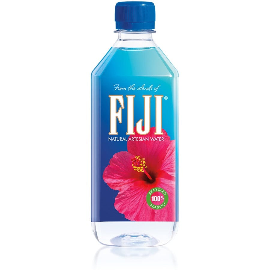 FIJI natural artesian water bottle with blue cap and pink flower design on a white background