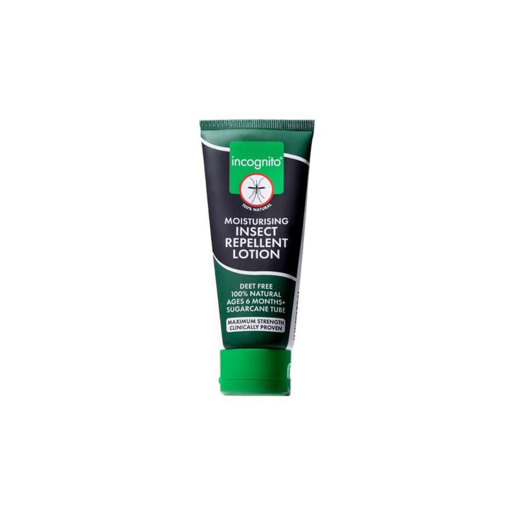 Tube of incognito moisturising insect repellent lotion on a white background