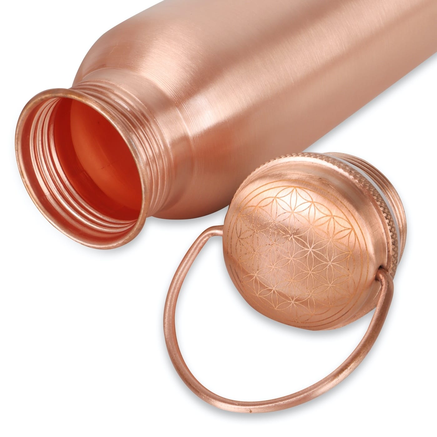 A brushed copper water bottle with its screw-on lid off, showing the threaded opening and a matching copper carrying loop with an engraved geometric pattern, on a white background.