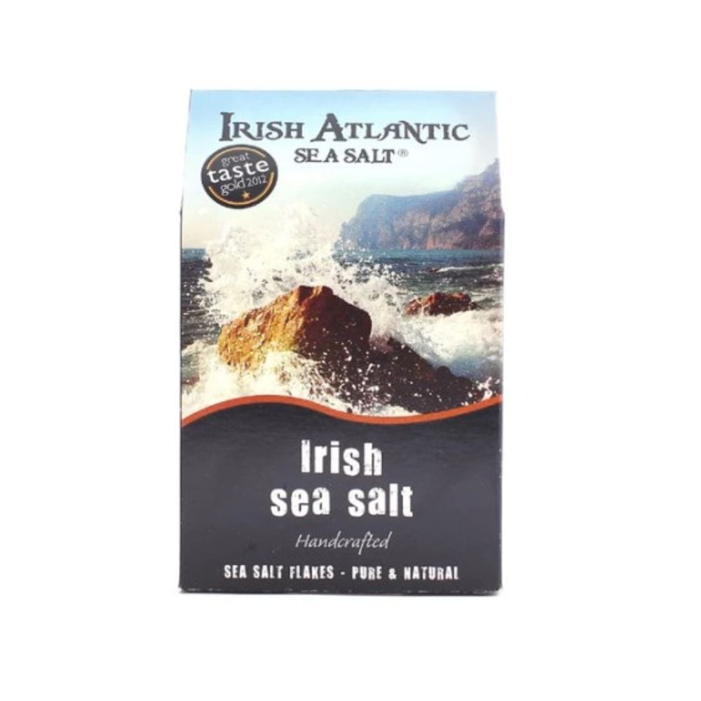 Box of Irish Atlantic Sea Salt with a scenic design on a white background