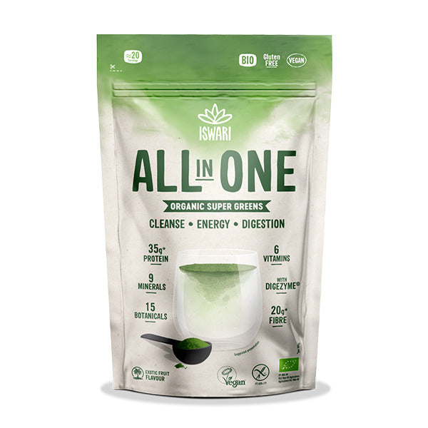 A stand-up pouch of Iswari All In One Organic Super Greens powder, featuring a green and white design with product details and a cup of green powder illustration.