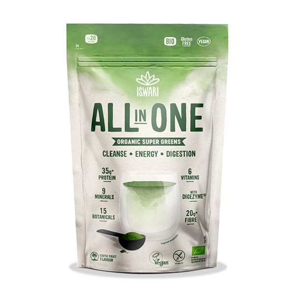 A stand-up pouch of Iswari All In One Organic Super Greens powder, featuring a green and white design with product details and a cup of green powder illustration.