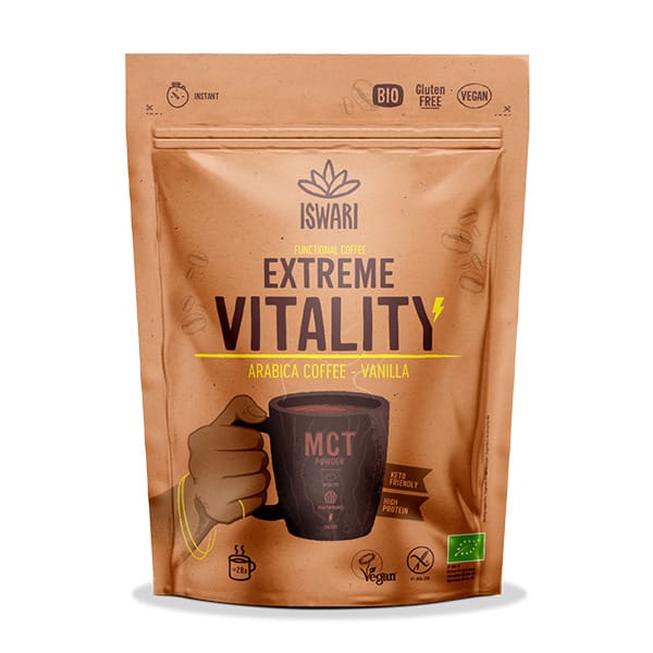 Package of Iswari Extreme Vitality Arabica Coffee Vanilla with branding and product details.