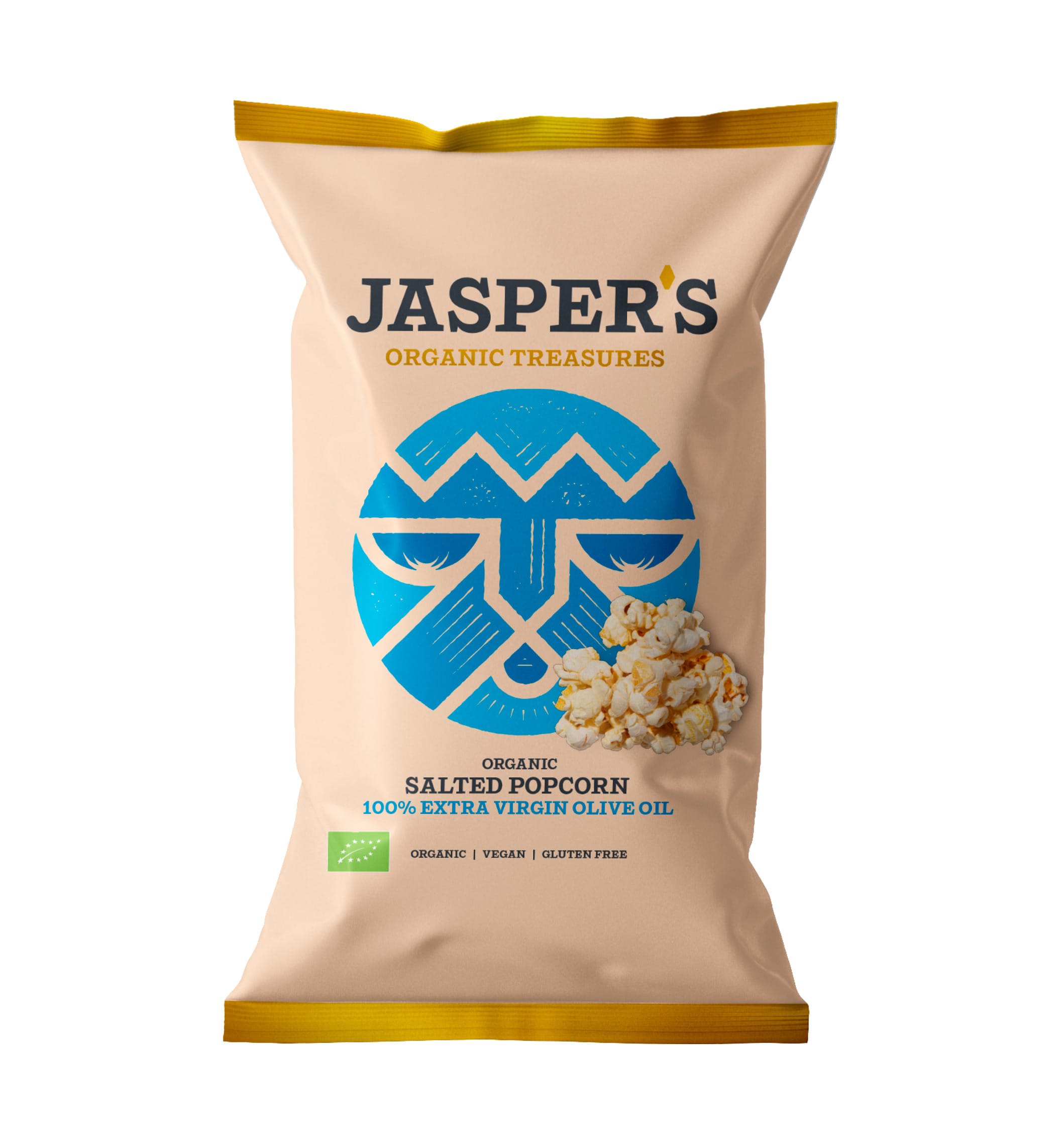 Jasper's Organic Treasures salted popcorn packaging on a white background