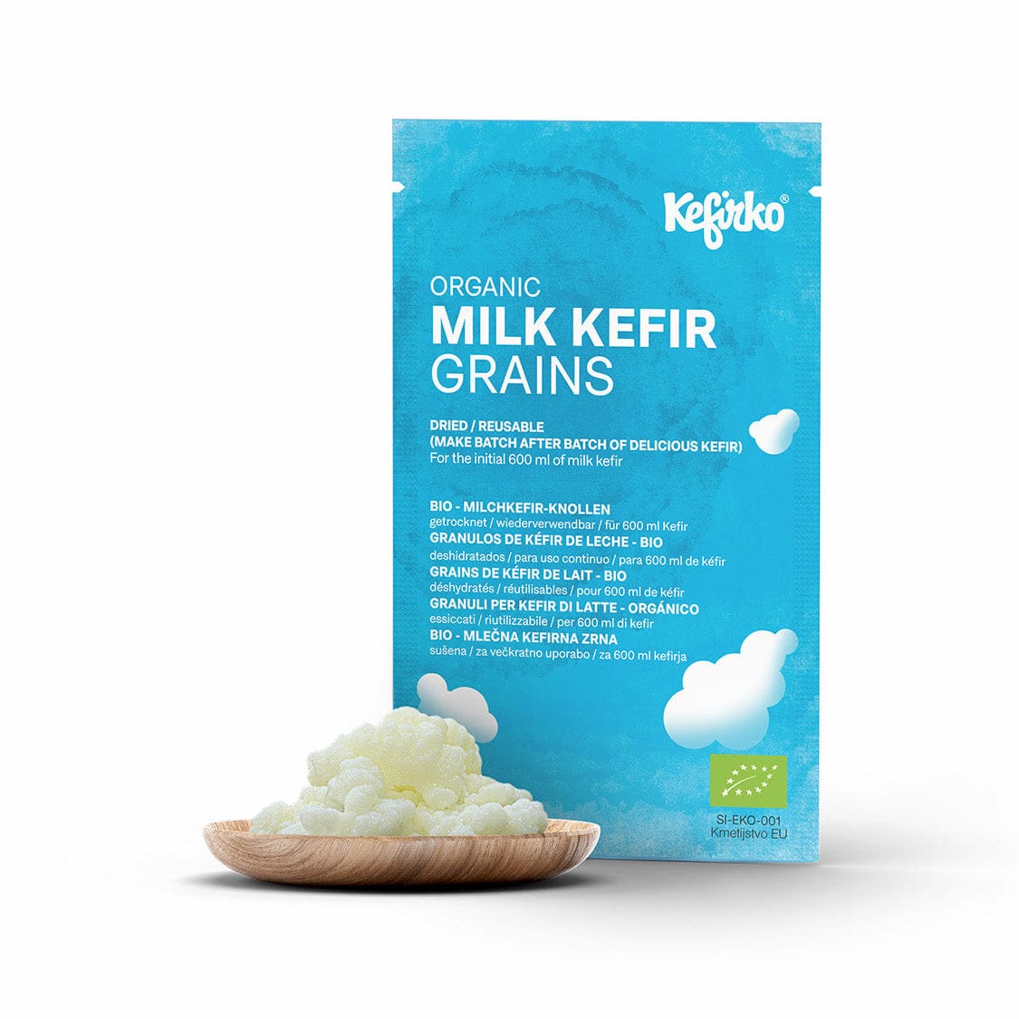 Kefirko Organic Milk Kefir Grains package with a small wooden bowl of kefir grains on a white background