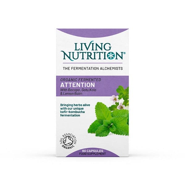 Living Nutrition Organic Fermented Attention 60 Caps with bacopa, gota kola and lemon balm. For focus and clarity,