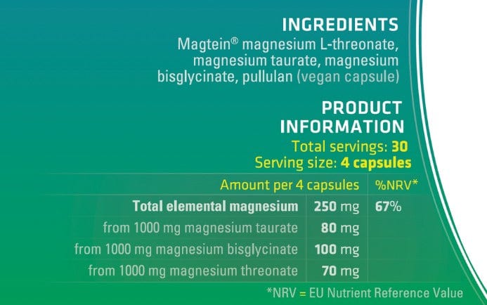 magnesium taurate, bisglycinate and L-threonate (Magtein®) to support heart function, mental performance and everyday calm