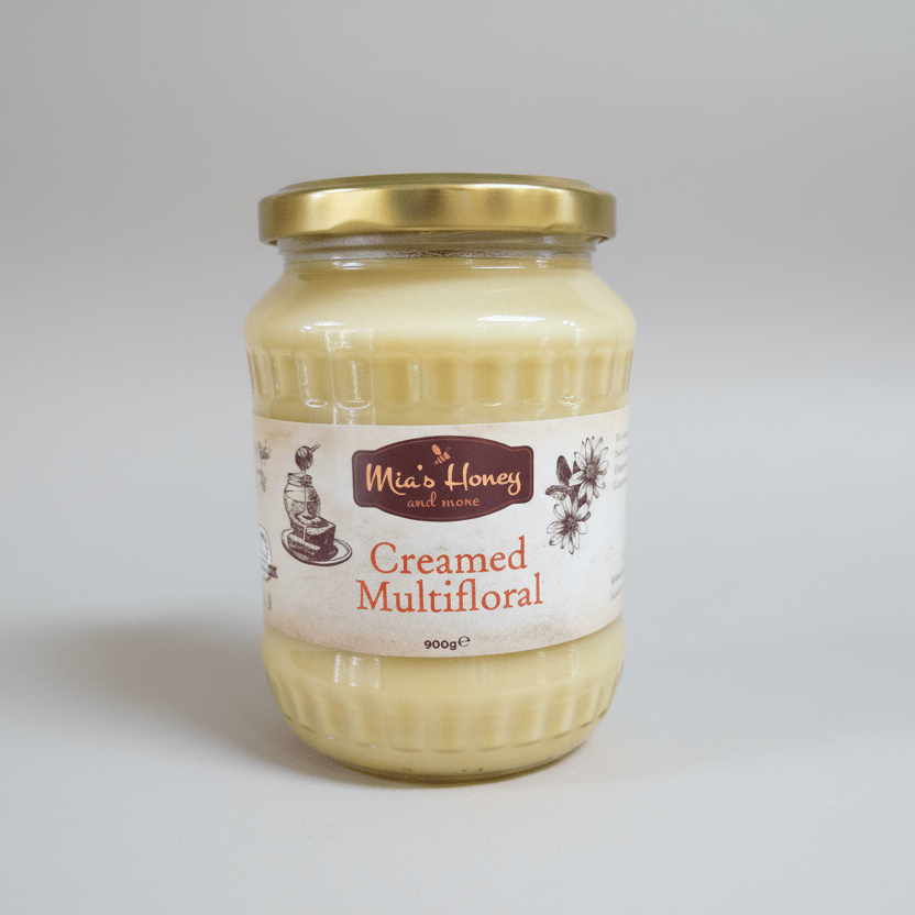 Jar of creamed multifloral honey with a label on a white background