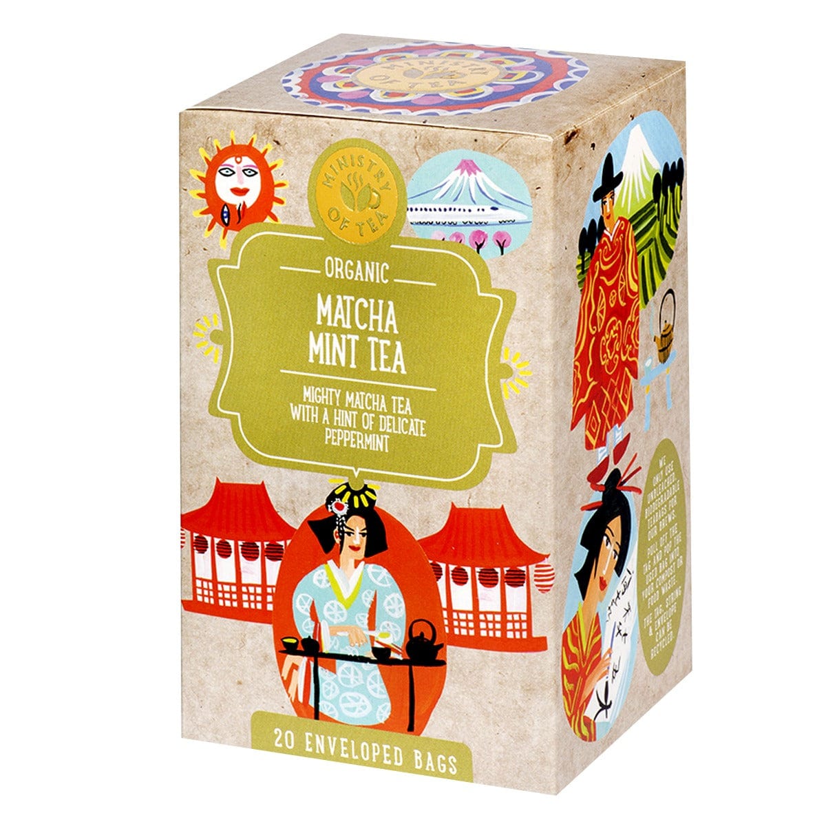 Box of organic matcha mint tea with colorful illustrations on a white background