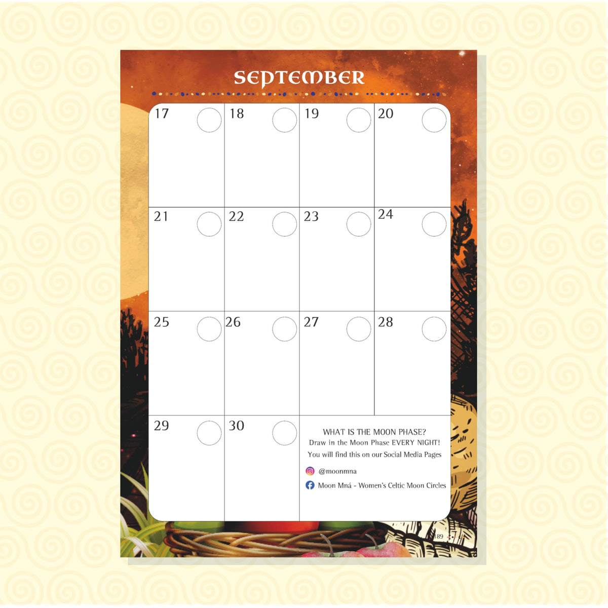 A September moon phase calendar page with a white grid showing dates 17 through 30, decorative orange and brown sunset-style border, and small text at the bottom about moon phase tracking. The page is centered on a pale cream background with a subtle swirl pattern.