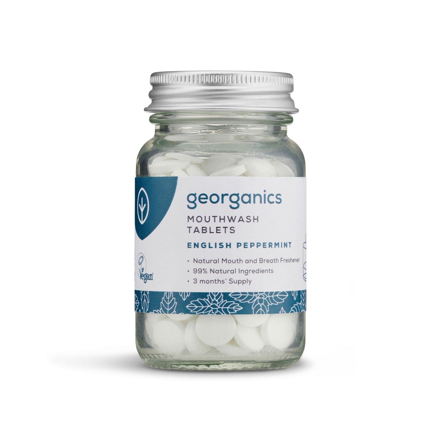 Jar of georganics mouthwash tablets on a white background