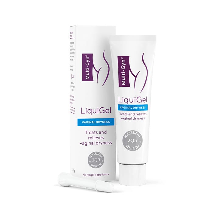 A tube and box of Multi-Gyn LiquiGel vaginal dryness treatment, with a small applicator lying in front, on a clean white background.