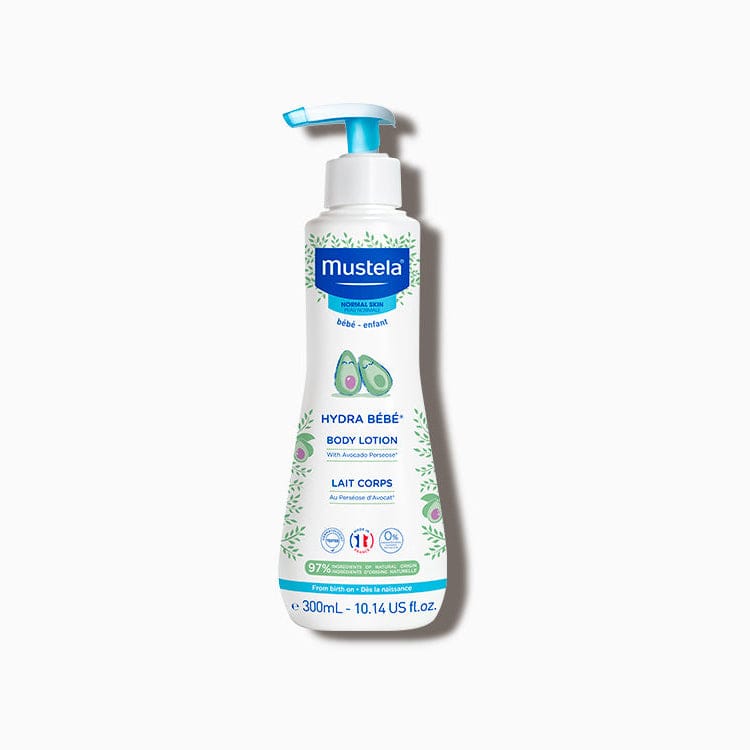 Mustela Hydra Bebe body lotion bottle on a white background