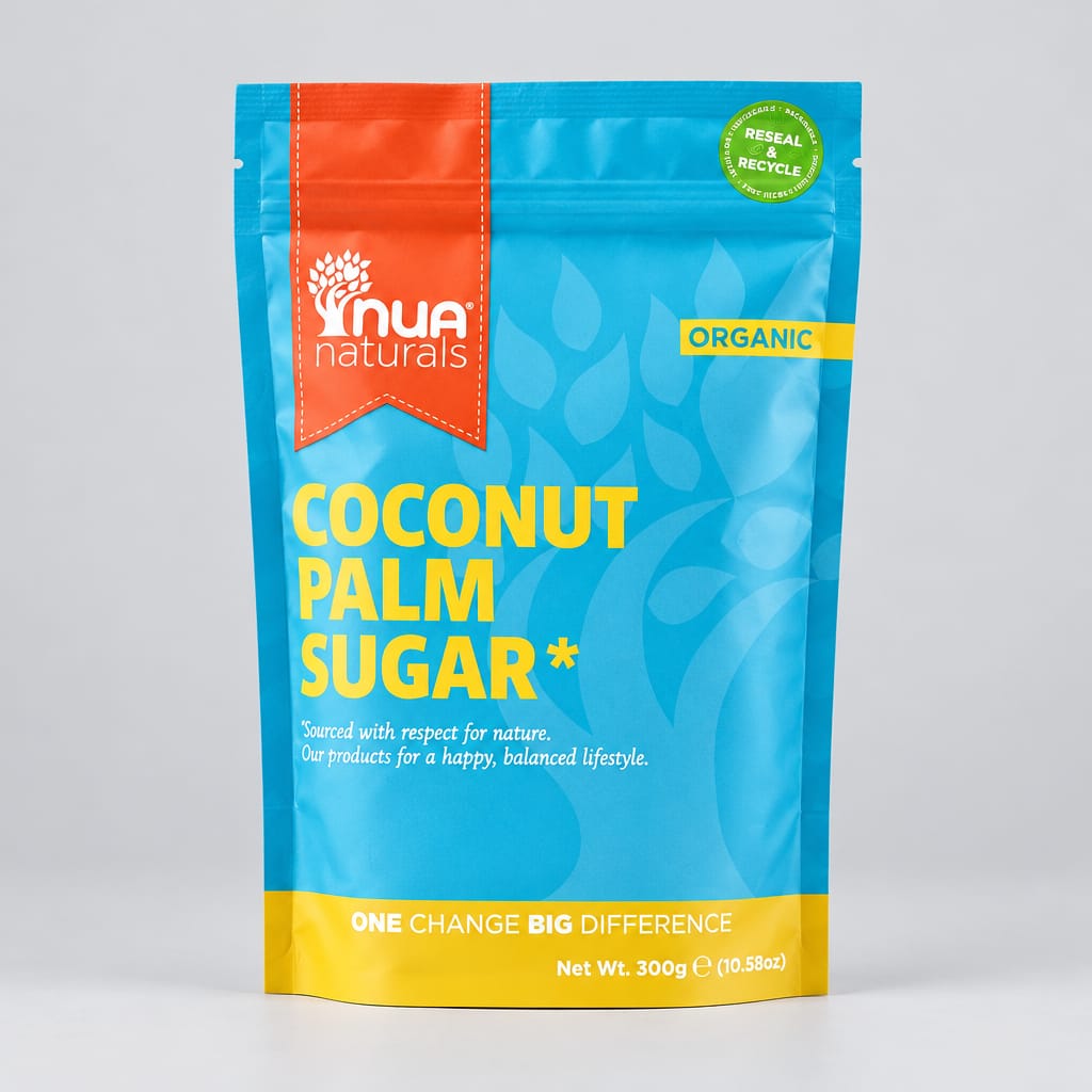 A 300g stand-up pouch of Nua Naturals Organic Coconut Palm Sugar, featuring a bright blue design with yellow text and a red brand banner, set against a split orange and peach background.