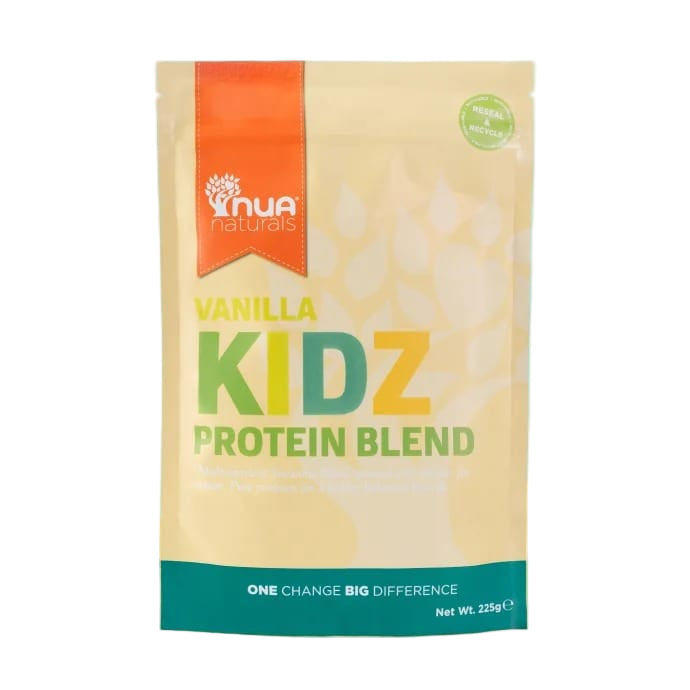 Nua Naturals Vanilla Kidz Protein Blend package on a light blue and beige background