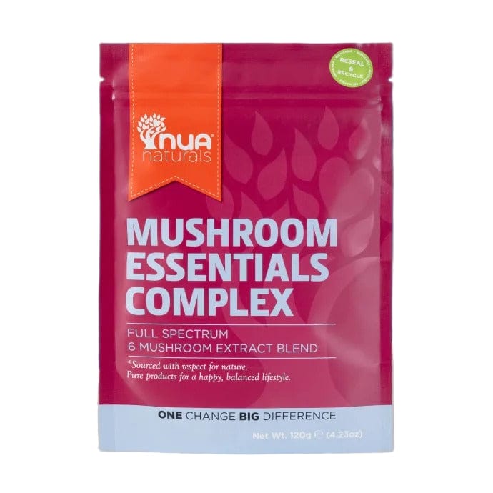 Nua Naturals Mushroom Essentials Complex package on a blue and gray gradient background