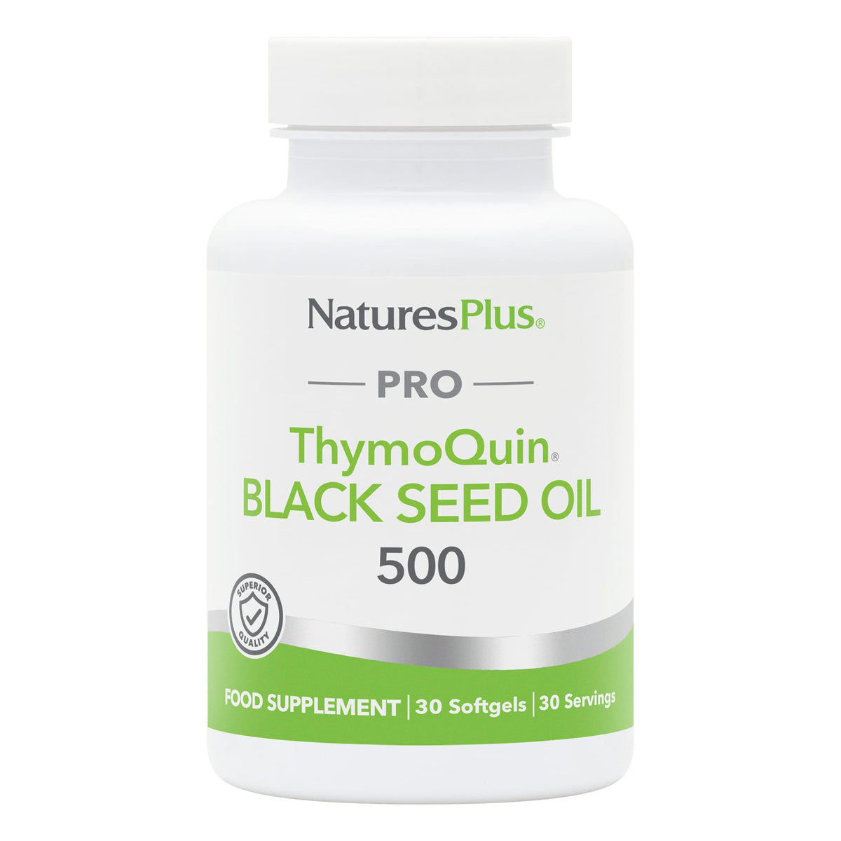 A white plastic bottle of NaturesPlus Pro ThymoQuin Black Seed Oil 500, featuring a white label with green and gray text and a silver band near the bottom.