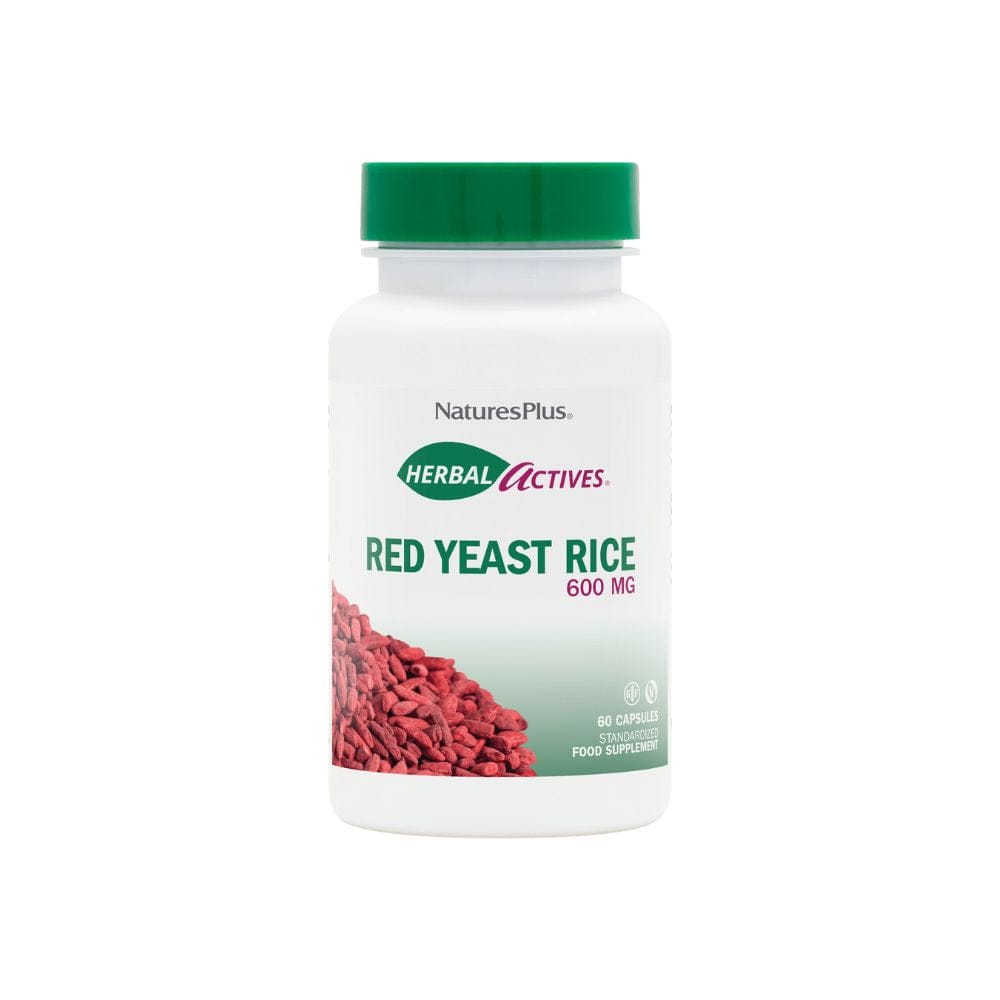 Bottle of NaturesPlus Herbal Actives Red Yeast Rice on a white background