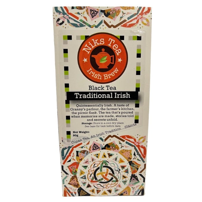 Nik's Tea Irish Brew black tea packaging with decorative patterns on a white background