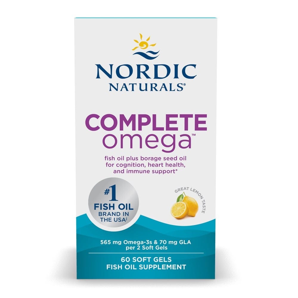 Nordic Naturals Complete Omega fish oil supplement box, 60 soft gels, with a white and teal design and purple text.